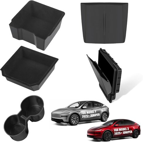 منظم وحدة التحكم المركزية لعام 2025 2026 Tesla Model Y & Model 3 Juniper Accessories ، صينية تخزين مسند الذراعين وصندوق التخزين المخفي 5 في 1 ، Flock & ABS Black (للطراز Y & 3 Juniper 5 PCS) in Kuwait