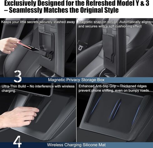 منظم وحدة التحكم المركزية لعام 2025 2026 Tesla Model Y & Model 3 Juniper Accessories ، صينية تخزين مسند الذراعين وصندوق التخزين المخفي 5 في 1 ، Flock & ABS Black (للطراز Y & 3 Juniper 5 PCS) in Kuwait