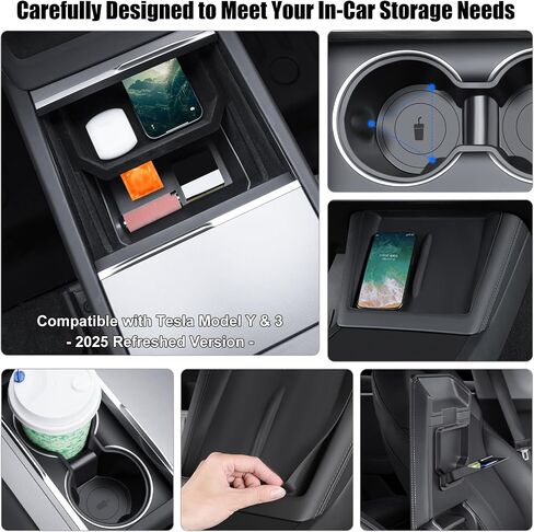منظم وحدة التحكم المركزية لعام 2025 2026 Tesla Model Y & Model 3 Juniper Accessories ، صينية تخزين مسند الذراعين وصندوق التخزين المخفي 5 في 1 ، Flock & ABS Black (للطراز Y & 3 Juniper 5 PCS) in Kuwait