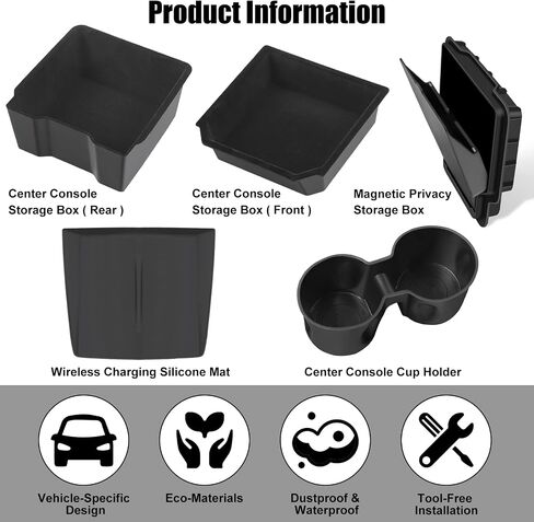 منظم وحدة التحكم المركزية لعام 2025 2026 Tesla Model Y & Model 3 Juniper Accessories ، صينية تخزين مسند الذراعين وصندوق التخزين المخفي 5 في 1 ، Flock & ABS Black (للطراز Y & 3 Juniper 5 PCS) in Kuwait