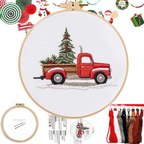 FONNUY Crewel Christmas Embroidery Kit for Beginners, Cross Stitch Set Winter Snow Scene Pine Owl Pattern for Adults, Easy to Follow Color Thread Needlework, 8'' Hoop (Snow Village) in Kuwait