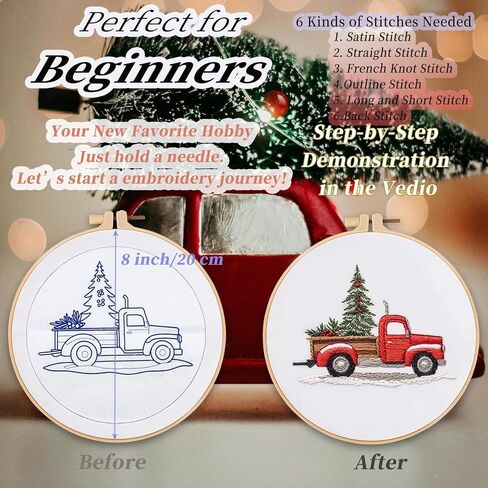 FONNUY Crewel Christmas Embroidery Kit for Beginners, Cross Stitch Set Winter Snow Scene Pine Owl Pattern for Adults, Easy to Follow Color Thread Needlework, 8'' Hoop (Snow Village) in Kuwait