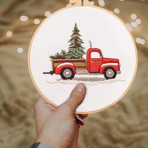 FONNUY Crewel Christmas Embroidery Kit for Beginners, Cross Stitch Set Winter Snow Scene Pine Owl Pattern for Adults, Easy to Follow Color Thread Needlework, 8'' Hoop (Snow Village) in Kuwait