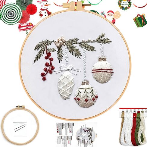 FONNUY Crewel Christmas Embroidery Kit for Beginners, Cross Stitch Set Winter Snow Scene Pine Owl Pattern for Adults, Easy to Follow Color Thread Needlework, 8'' Hoop (Snow Village) in Kuwait