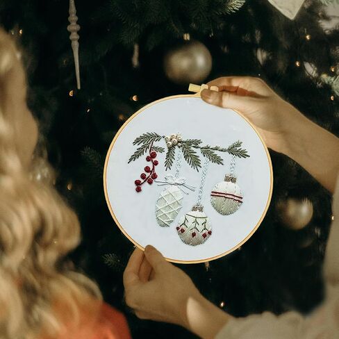 FONNUY Crewel Christmas Embroidery Kit for Beginners, Cross Stitch Set Winter Snow Scene Pine Owl Pattern for Adults, Easy to Follow Color Thread Needlework, 8'' Hoop (Snow Village) in Kuwait