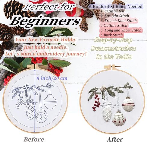FONNUY Crewel Christmas Embroidery Kit for Beginners, Cross Stitch Set Winter Snow Scene Pine Owl Pattern for Adults, Easy to Follow Color Thread Needlework, 8'' Hoop (Snow Village) in Kuwait