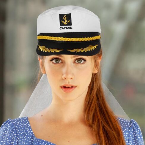 Cabilock Bride Captain Hat With Veil - Sailor Hat الأنيق لحفلات البكالوريوس وأحداث اليخوت - ملحقات تأثيري بحري فريدة من نوعها للنساء in Kuwait