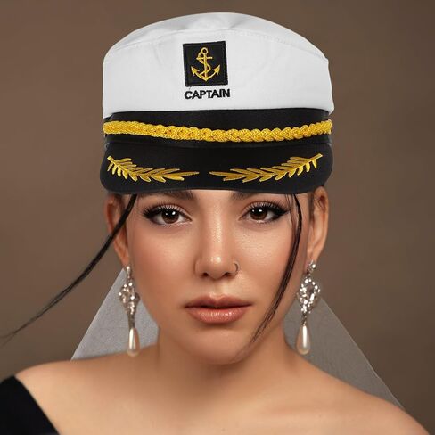 Cabilock Bride Captain Hat With Veil - Sailor Hat الأنيق لحفلات البكالوريوس وأحداث اليخوت - ملحقات تأثيري بحري فريدة من نوعها للنساء in Kuwait
