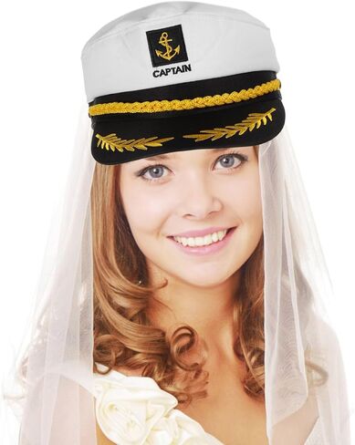 Cabilock Bride Captain Hat With Veil - Sailor Hat الأنيق لحفلات البكالوريوس وأحداث اليخوت - ملحقات تأثيري بحري فريدة من نوعها للنساء in Kuwait