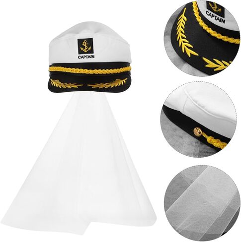 Cabilock Bride Captain Hat With Veil - Sailor Hat الأنيق لحفلات البكالوريوس وأحداث اليخوت - ملحقات تأثيري بحري فريدة من نوعها للنساء in Kuwait