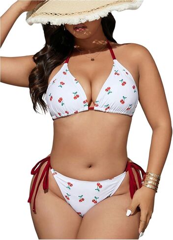Floerns Women's Plus Size 2 Piece Swimsuits Cherry Halter Bikini Tie Side Bathing Suit in Saudi Arabia