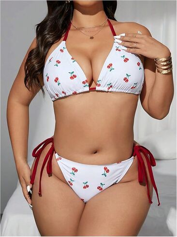 Floerns Women's Plus Size 2 Piece Swimsuits Cherry Halter Bikini Tie Side Bathing Suit in Saudi Arabia