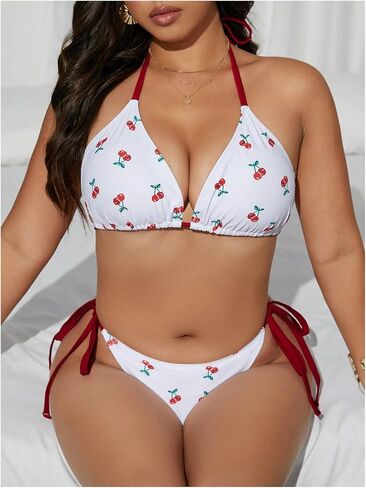 Floerns Women's Plus Size 2 Piece Swimsuits Cherry Halter Bikini Tie Side Bathing Suit in Saudi Arabia