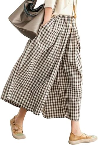 Women's Gingham Skirt Pants Wide Leg Elastic Waist Capri Culottes Pants Trendy Going Out Bottoms Lightweight Loose Fit in Saudi Arabia