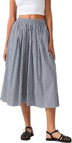 Women's Gingham Skirt Pants Wide Leg Elastic Waist Capri Culottes Pants Trendy Going Out Bottoms Lightweight Loose Fit in Saudi Arabia