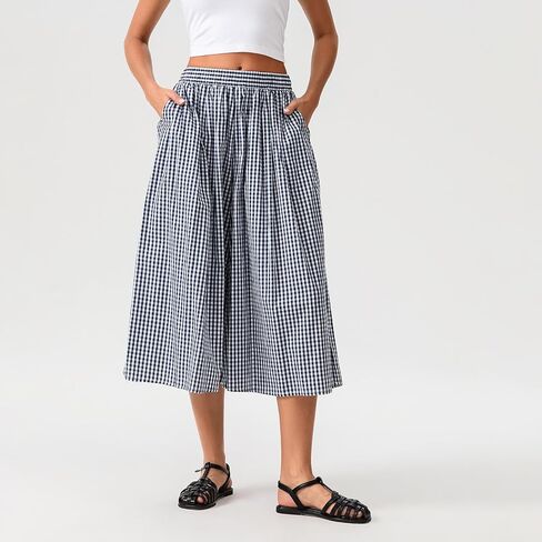 Women's Gingham Skirt Pants Wide Leg Elastic Waist Capri Culottes Pants Trendy Going Out Bottoms Lightweight Loose Fit in Saudi Arabia