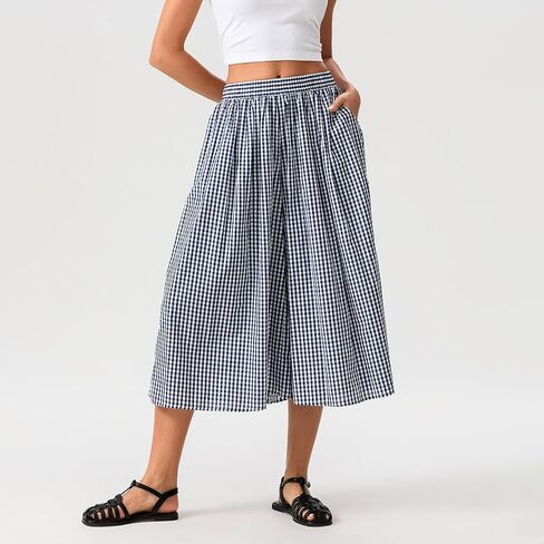 Women's Gingham Skirt Pants Wide Leg Elastic Waist Capri Culottes Pants Trendy Going Out Bottoms Lightweight Loose Fit in Saudi Arabia