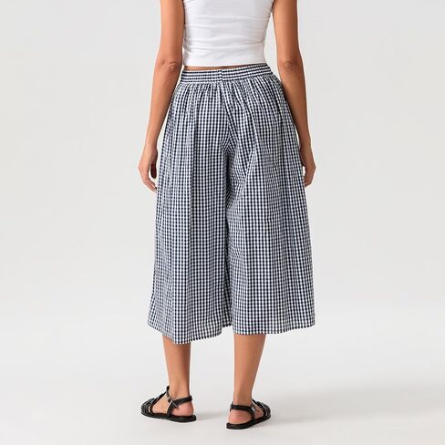 Women's Gingham Skirt Pants Wide Leg Elastic Waist Capri Culottes Pants Trendy Going Out Bottoms Lightweight Loose Fit in Saudi Arabia