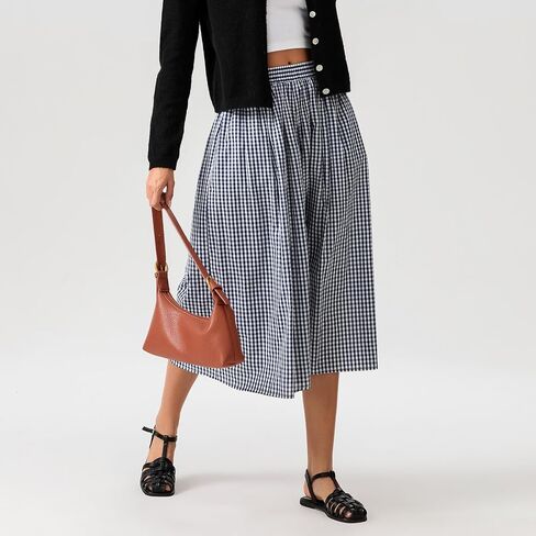 Women's Gingham Skirt Pants Wide Leg Elastic Waist Capri Culottes Pants Trendy Going Out Bottoms Lightweight Loose Fit in Saudi Arabia