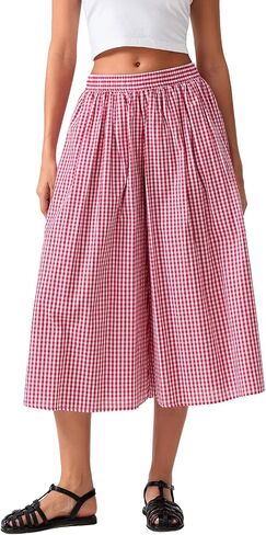 Women's Gingham Skirt Pants Wide Leg Elastic Waist Capri Culottes Pants Trendy Going Out Bottoms Lightweight Loose Fit in Saudi Arabia
