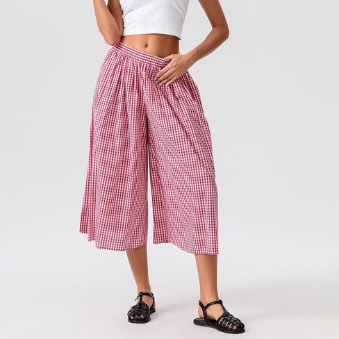 Women's Gingham Skirt Pants Wide Leg Elastic Waist Capri Culottes Pants Trendy Going Out Bottoms Lightweight Loose Fit in Saudi Arabia