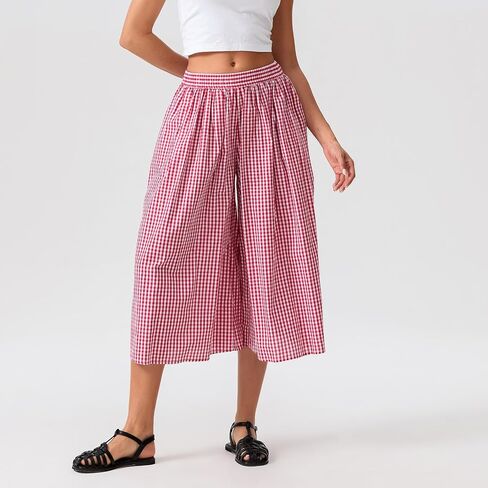 Women's Gingham Skirt Pants Wide Leg Elastic Waist Capri Culottes Pants Trendy Going Out Bottoms Lightweight Loose Fit in Saudi Arabia