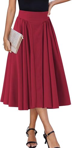 Women Pleated Flowy High Waist A Line Flared Vintage Dressy Spring Long Skirt in Kuwait