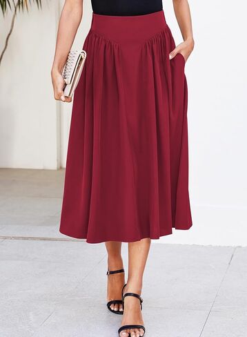 Women Pleated Flowy High Waist A Line Flared Vintage Dressy Spring Long Skirt in Kuwait