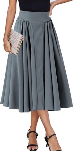 Women Pleated Flowy High Waist A Line Flared Vintage Dressy Spring Long Skirt in Kuwait