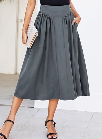 Women Pleated Flowy High Waist A Line Flared Vintage Dressy Spring Long Skirt in Kuwait