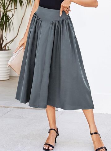 Women Pleated Flowy High Waist A Line Flared Vintage Dressy Spring Long Skirt in Kuwait