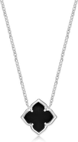 Lavari Jewelers Black Onyx, Malachite or Mother of Pearl Four Petal Flower Pendant Necklace for Women in 925 Sterling Silver with Yellow Gold Plating 33 Inches Long with Spring Ring Clasp in Kuwait