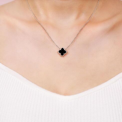 Lavari Jewelers Black Onyx, Malachite or Mother of Pearl Four Petal Flower Pendant Necklace for Women in 925 Sterling Silver with Yellow Gold Plating 33 Inches Long with Spring Ring Clasp in Kuwait