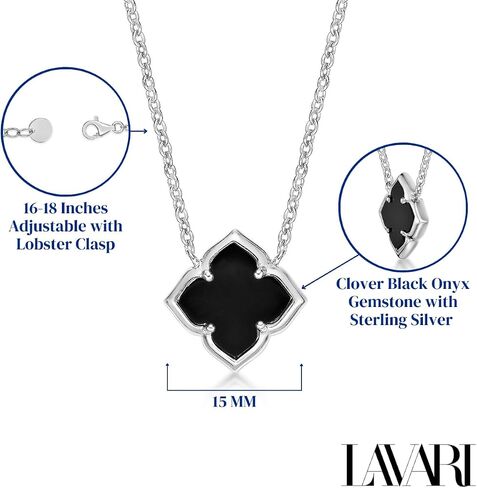 Lavari Jewelers Black Onyx, Malachite or Mother of Pearl Four Petal Flower Pendant Necklace for Women in 925 Sterling Silver with Yellow Gold Plating 33 Inches Long with Spring Ring Clasp in Kuwait