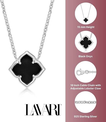 Lavari Jewelers Black Onyx, Malachite or Mother of Pearl Four Petal Flower Pendant Necklace for Women in 925 Sterling Silver with Yellow Gold Plating 33 Inches Long with Spring Ring Clasp in Kuwait