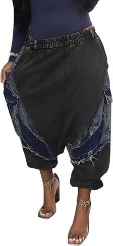 NRTHYE Womens Baggy Cargo Harem Jeans Patchwork Elastic Waist Wide Leg Hippie Denim Pants Casual Jogger Trousers in Saudi Arabia