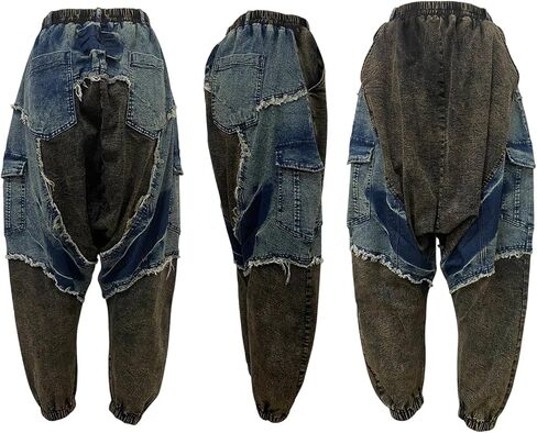 NRTHYE Womens Baggy Cargo Harem Jeans Patchwork Elastic Waist Wide Leg Hippie Denim Pants Casual Jogger Trousers in Saudi Arabia