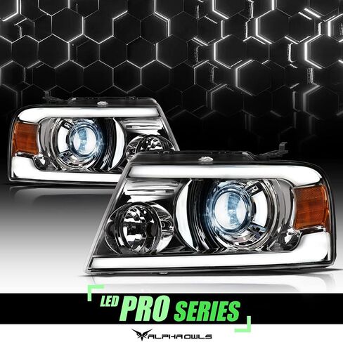 Alpha Owls 8711088 Full LED Projector Headlights With White LED Light Bar - Chrome Amber Fits 2004-2008 Ford F150 / 2006-2008 Lincoln Mark LT in Saudi Arabia