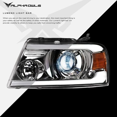 Alpha Owls 8711088 Full LED Projector Headlights With White LED Light Bar - Chrome Amber Fits 2004-2008 Ford F150 / 2006-2008 Lincoln Mark LT in Saudi Arabia