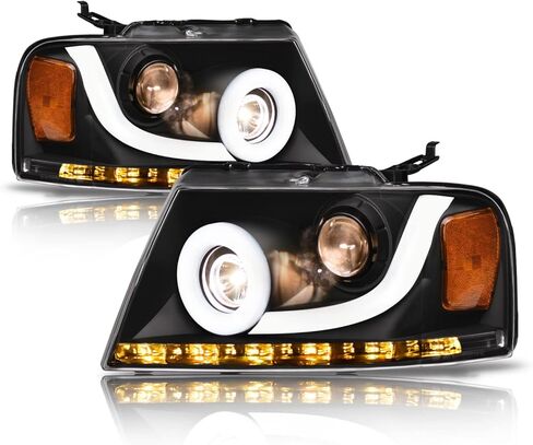Alpha Owls 8711088 Full LED Projector Headlights With White LED Light Bar - Chrome Amber Fits 2004-2008 Ford F150 / 2006-2008 Lincoln Mark LT in Kuwait