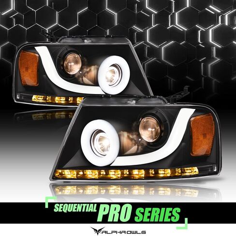 Alpha Owls 8711088 Full LED Projector Headlights With White LED Light Bar - Chrome Amber Fits 2004-2008 Ford F150 / 2006-2008 Lincoln Mark LT in Kuwait