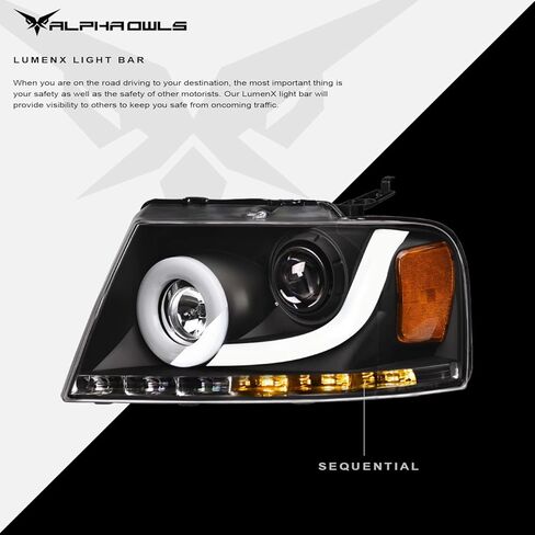 Alpha Owls 8711088 Full LED Projector Headlights With White LED Light Bar - Chrome Amber Fits 2004-2008 Ford F150 / 2006-2008 Lincoln Mark LT in Kuwait
