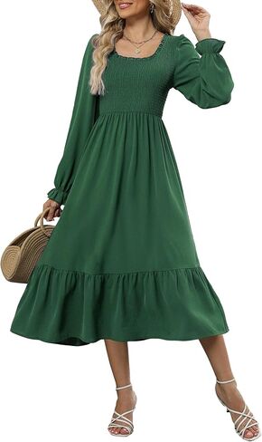 ZAFUL Womens 2025 Fall Square Neck Smocked Dresses Long Puff Sleeve Casual Flowy A Line Tiered Midi Dress in Saudi Arabia