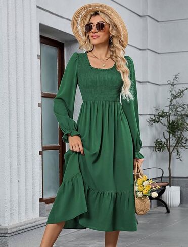 ZAFUL Womens 2025 Fall Square Neck Smocked Dresses Long Puff Sleeve Casual Flowy A Line Tiered Midi Dress in Saudi Arabia