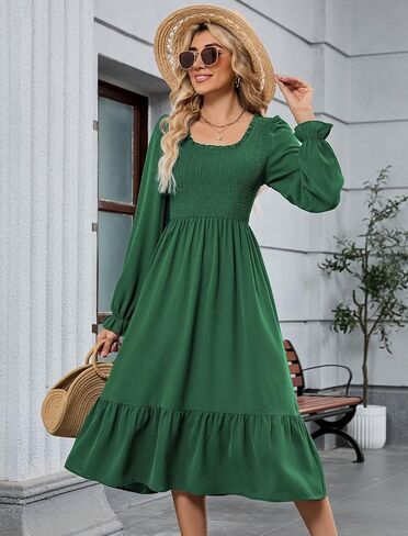 ZAFUL Womens 2025 Fall Square Neck Smocked Dresses Long Puff Sleeve Casual Flowy A Line Tiered Midi Dress in Saudi Arabia