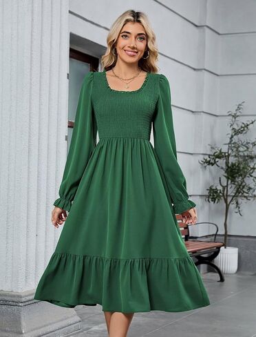 ZAFUL Womens 2025 Fall Square Neck Smocked Dresses Long Puff Sleeve Casual Flowy A Line Tiered Midi Dress in Saudi Arabia