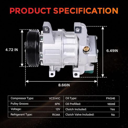 Air Conditioner AC Compressor with Clutch Compatible with Nissan Altima 2.5L 2013-2018, VCS141C Style, 6 Grooves,Replaces# 926003TA2A 926003TA2B 926003TA2C 926003TA2D 926003TA2E 926003TA3A CO 29074C in Saudi Arabia
