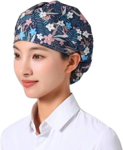 Bouffant Cap Working Caps Chef Hat Nurse Hats, Floral Flower Printed Surgical Scrub Adjustable Elastic Turban for Women in Saudi Arabia
