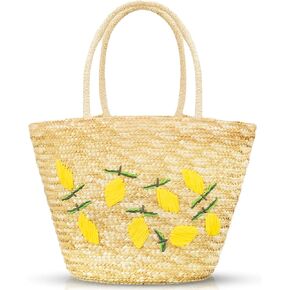 Summer Straw Bag, Beach Bag for Women, Handwoven Handbag Vintage Lemon Pattern Embroidery, Large Rattan Tote Bag Suitable for Vacation Seaside Travel in Saudi Arabia
