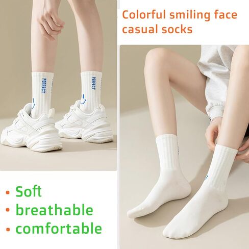 Women White Crew Athletic Socks Cute Fun Smiling Face Socks Soft Cotton Socks 6/5 Pairs in Kuwait